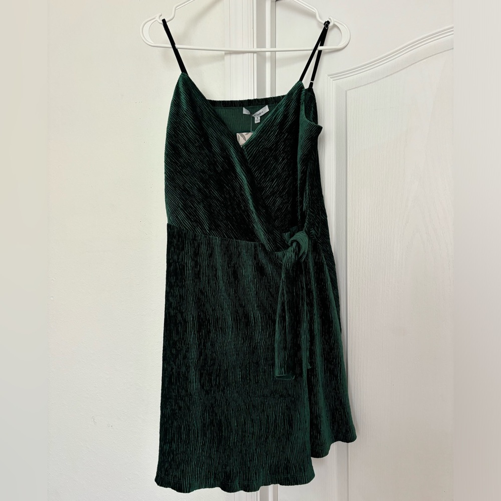 Green Velvet Corduroy Mini Tie- Front Dress